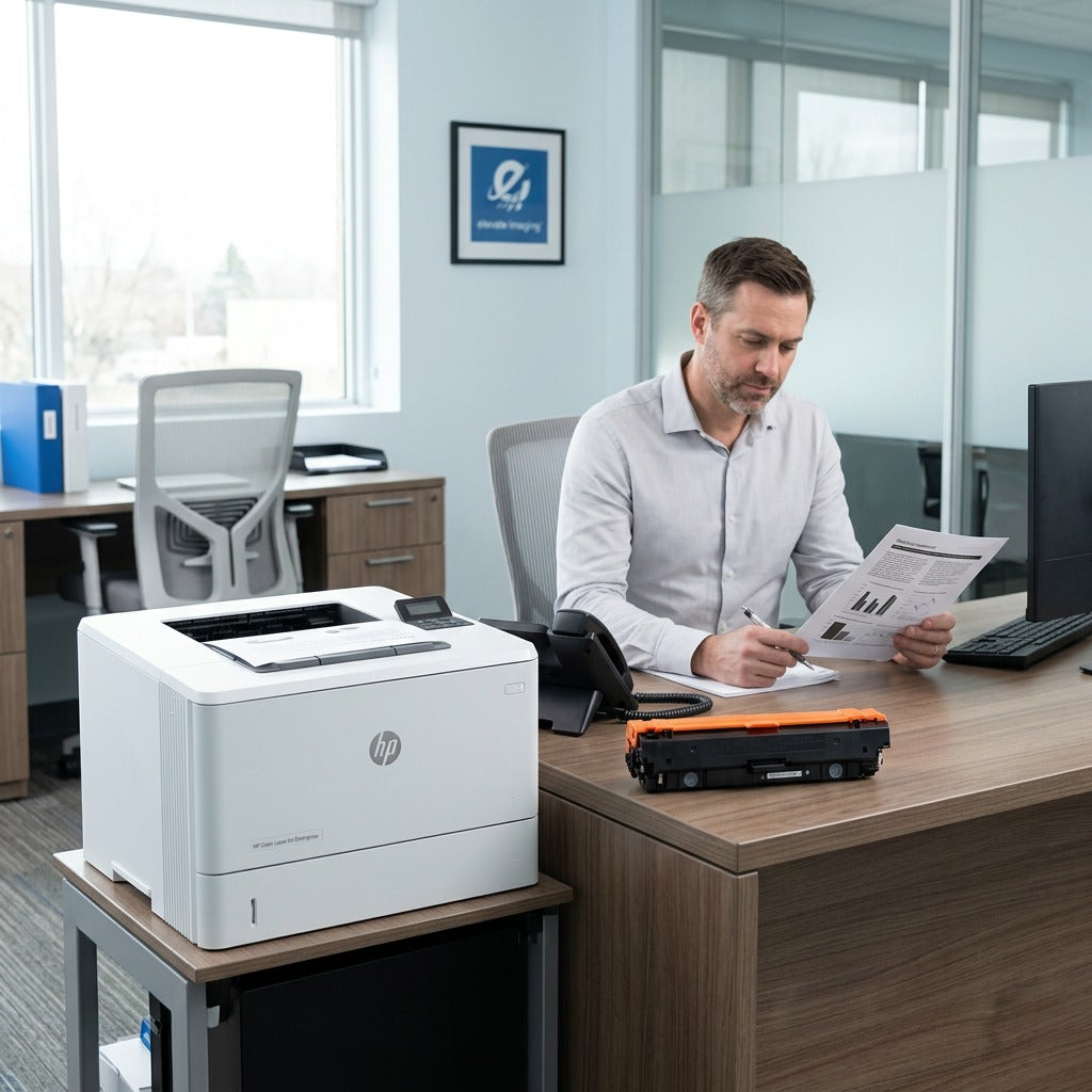 A professional in an office reviews a document next to an HP printer and a black 508X toner cartridge.