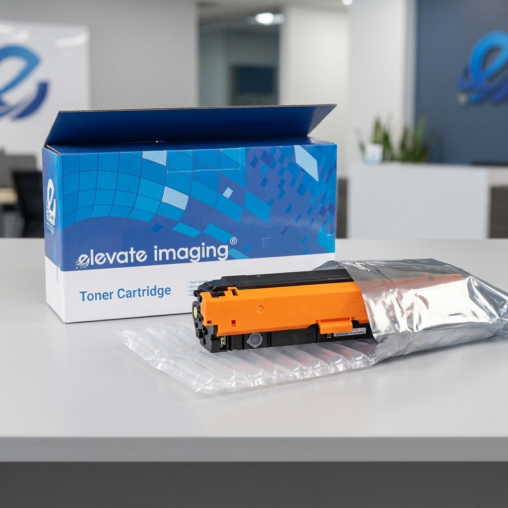 Elevate Imaging black toner cartridge unboxed with air-chamber cushioning and retail packaging.