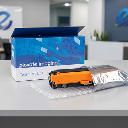 Elevate Imaging black toner cartridge unboxed with air-chamber cushioning and retail packaging.