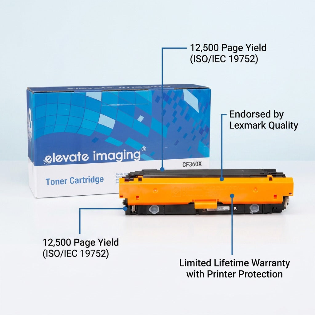 Elevate Imaging CF360X black toner cartridge and box with callouts for yield, quality, and warranty.
