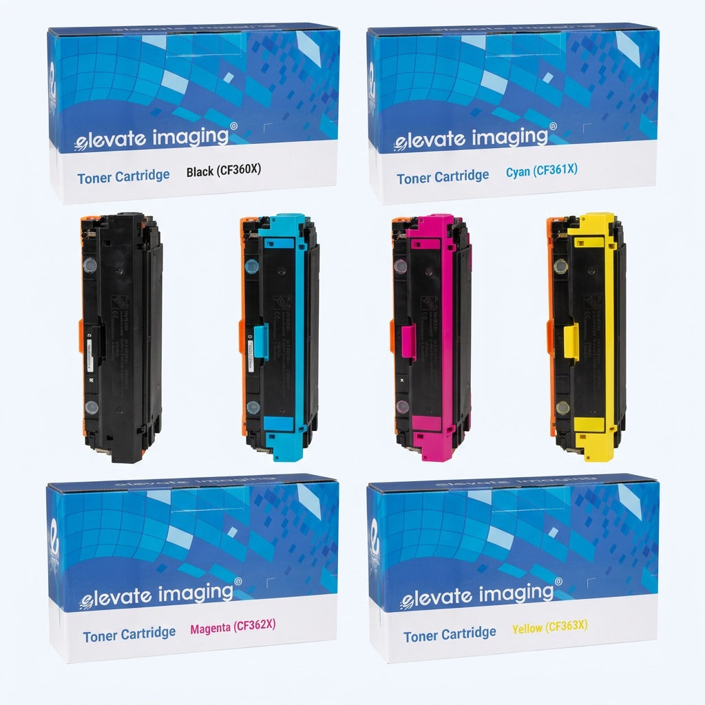 Matrix showing Black, Cyan, Magenta, and Yellow Elevate Imaging HP 508X toner cartridges and boxes.