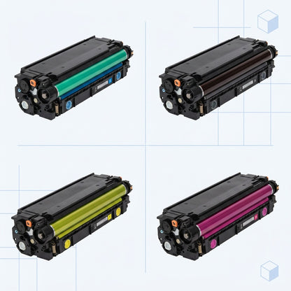 A 2x2 grid of cyan, black, yellow, and magenta remanufactured HP 508A laser toner cartridges.