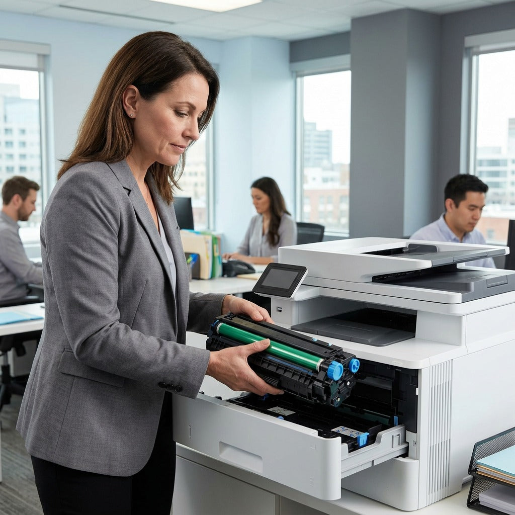 Office administrator installing the HP 508A (CF361A) Cyan remanufactured toner into a laser printer.