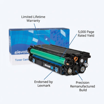 Elevate Imaging HP 508A Cyan Toner showing 5,000 page yield, remanufactured build, and warranty.