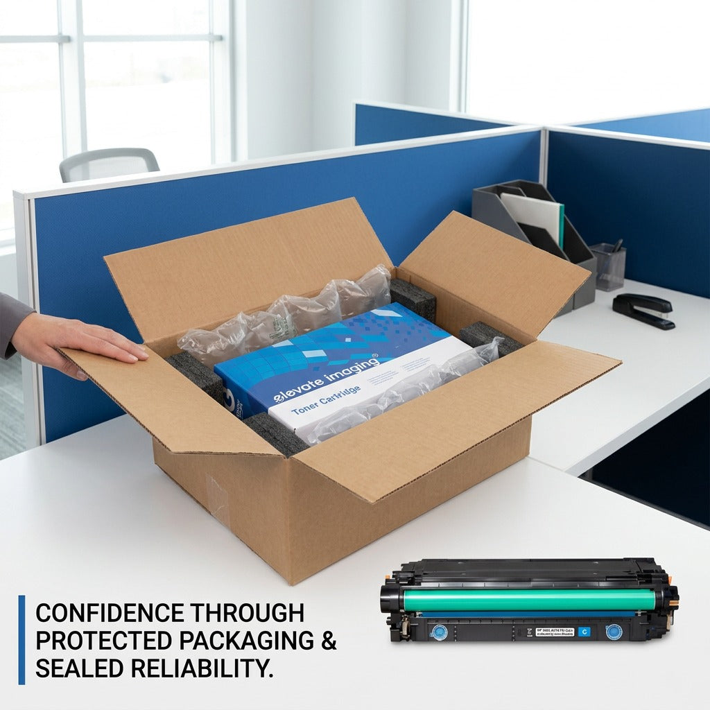 Unboxing of Elevate Imaging HP 508A Cyan toner showing protective air cushions in a shipping box.