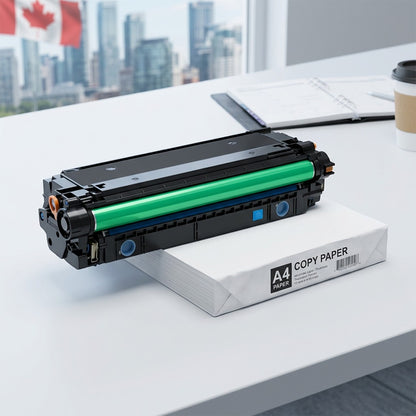 HP 508X Cyan toner cartridge on a ream of A4 paper in a bright office for size reference.