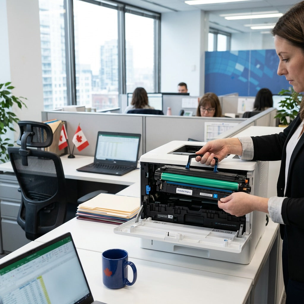 Office manager installing an Elevate Imaging Remanufactured HP 508X Cyan Toner into a printer.
