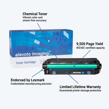 Elevate Imaging cyan toner cartridge and box with callouts for 9,500 page yield and warranty.
