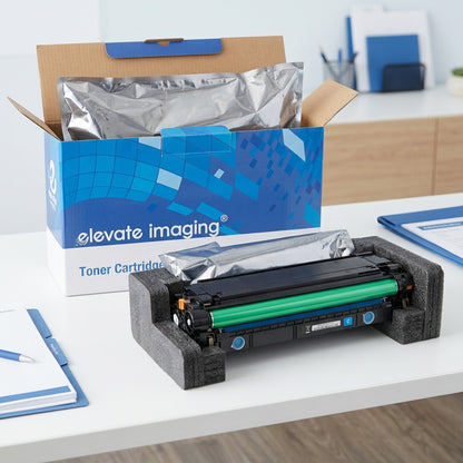 Unboxing of an Elevate Imaging HP 508X Cyan Toner Cartridge featuring protective foam and silver bag.