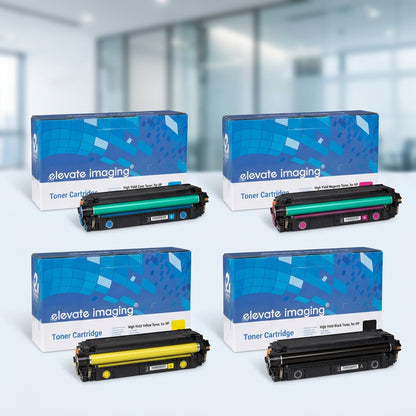 Elevate Imaging remanufactured HP 508X toner cartridges in cyan, magenta, yellow, and black.