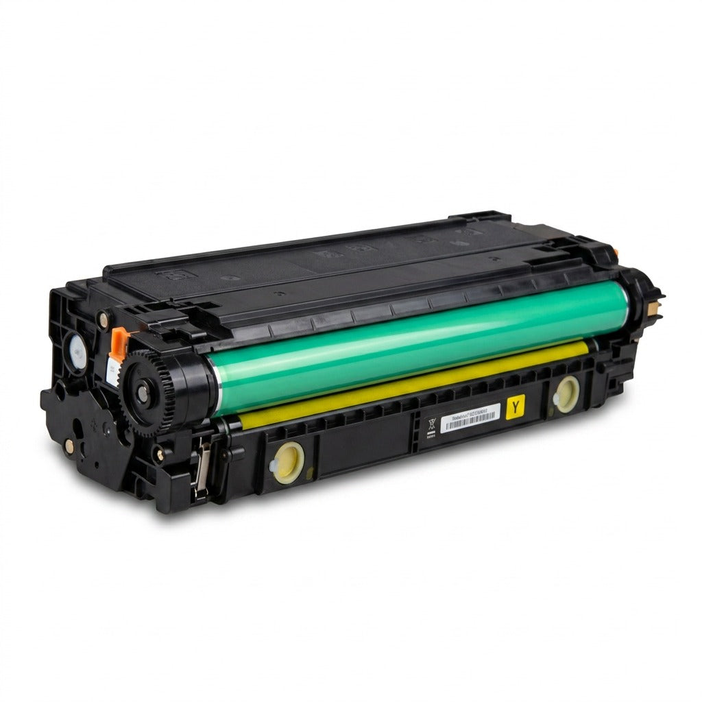 Elevate Imaging remanufactured HP 508A yellow toner cartridge with green roller on white background