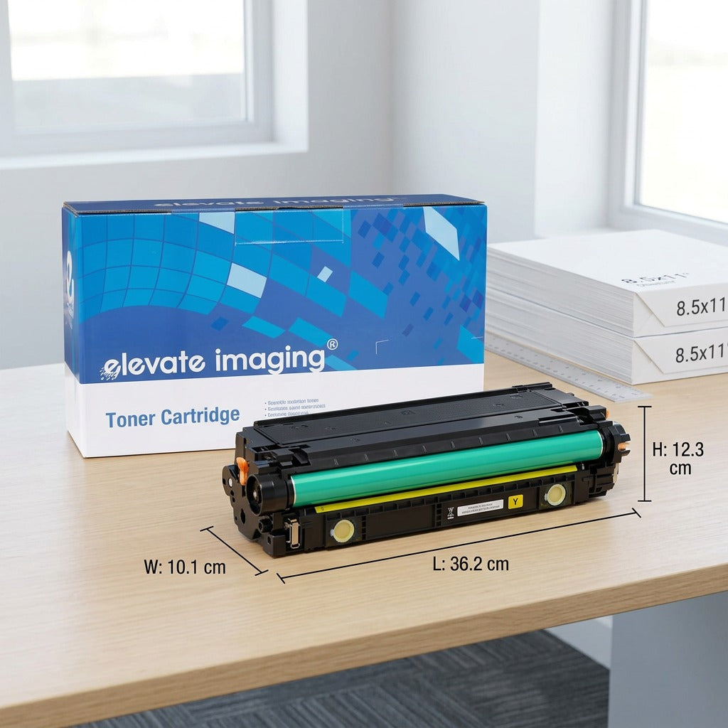 Yellow HP 508A toner cartridge on a desk with 36.2cm length and 12.3cm height scale measurements.