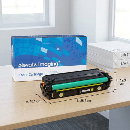 Yellow HP 508A toner cartridge on a desk with 36.2cm length and 12.3cm height scale measurements.
