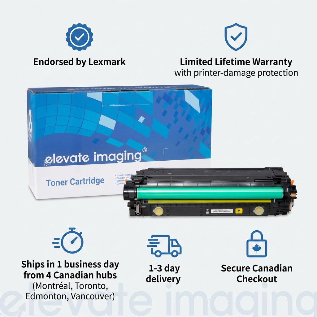 Elevate Imaging HP 508A Yellow Toner infographic with Lexmark endorsement and fast Canadian shipping.