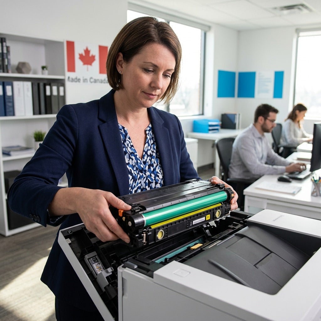 A professional installs an HP 508A yellow toner cartridge into a LaserJet printer in a sunlit Canadian office.