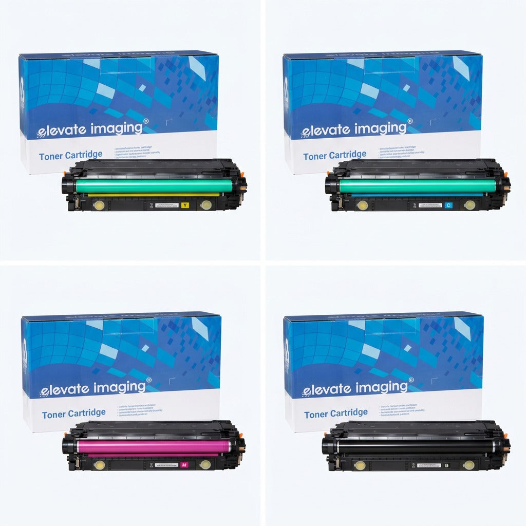 Four Elevate Imaging remanufactured HP 508A toner cartridges in yellow, cyan, magenta, and black.