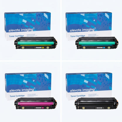 Four Elevate Imaging remanufactured HP 508A toner cartridges in yellow, cyan, magenta, and black.
