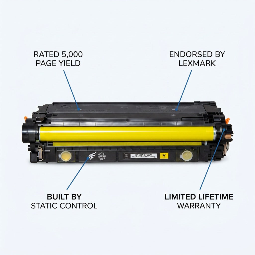 HP 508A yellow toner cartridge with callouts for 5,000 page yield and Static Control engineering.
