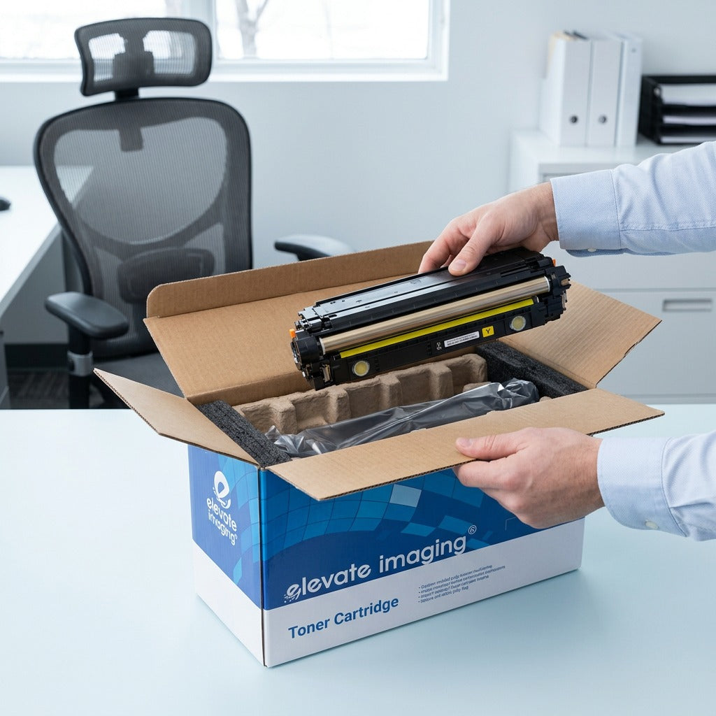 Unboxing an Elevate Imaging yellow toner cartridge for HP 508A (CF362A) in a professional office.