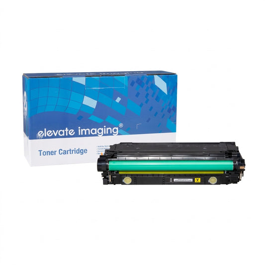 Elevate Imaging remanufactured HP 508X CF362X yellow high yield toner cartridge and retail box.