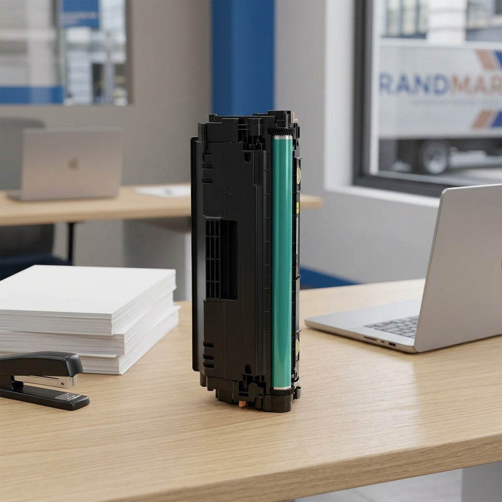 HP 508X (CF362X) yellow toner cartridge on an office desk next to a laptop and stack of paper.