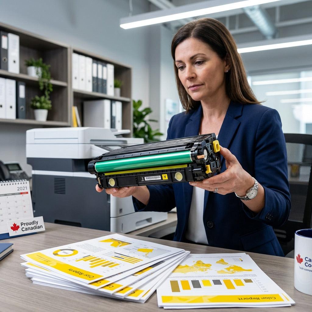 A professional holding a yellow HP 508X (CF362X) remanufactured toner cartridge in an office.