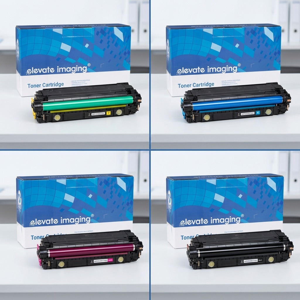 A 2x2 grid of Elevate Imaging HP 508X toner cartridges in yellow, cyan, magenta, and black.