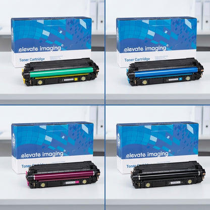 A 2x2 grid of Elevate Imaging HP 508X toner cartridges in yellow, cyan, magenta, and black.