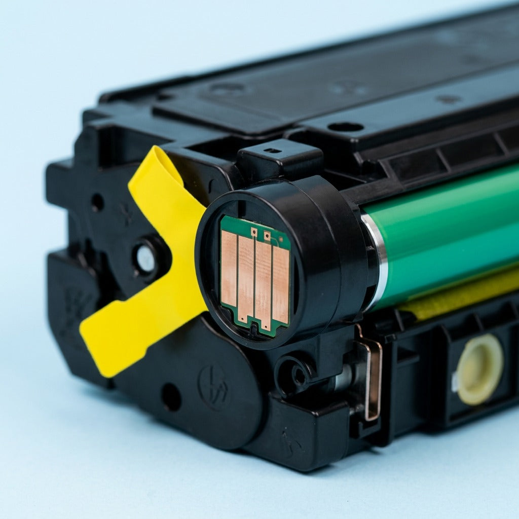 Macro view of the smart chip and seal on a remanufactured HP 508X (CF362X) yellow toner cartridge.