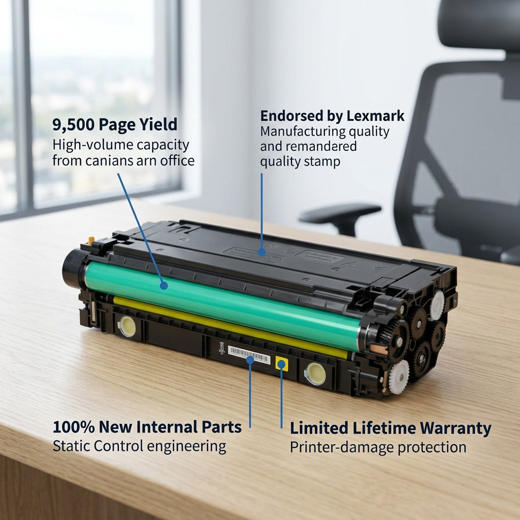 HP 508X Yellow Remanufactured Toner Cartridge with callouts for 9,500 page yield and warranty.