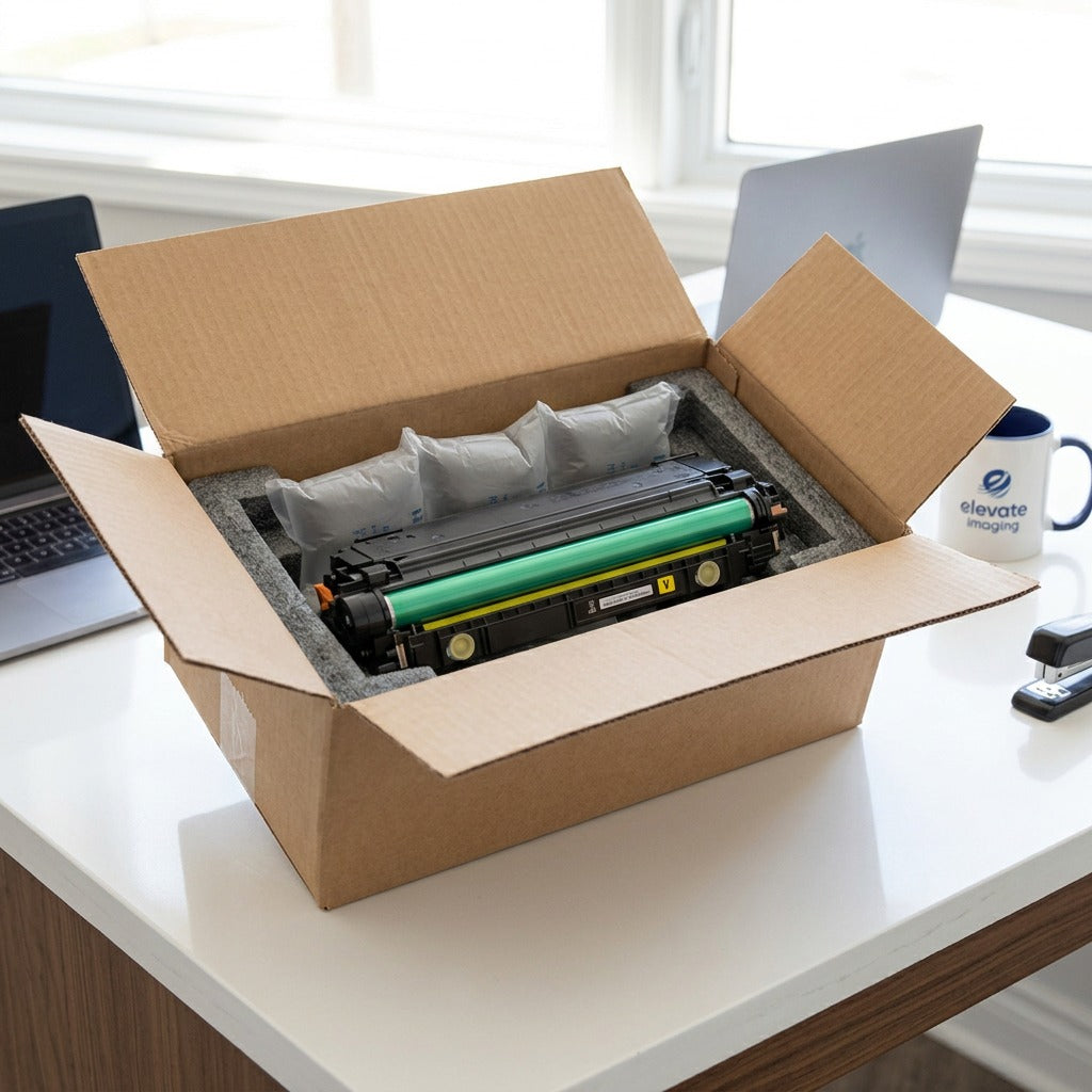 Yellow HP 508X toner cartridge securely packed in a box with foam and air pillows on a desk.