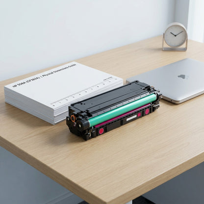 HP 508A Magenta toner cartridge on an office desk next to a laptop and paper for scale reference.