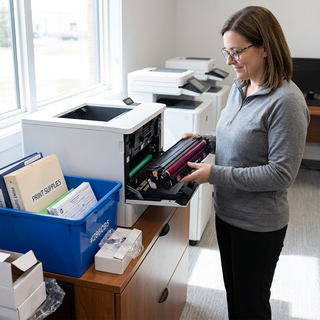 Office manager installing an HP 508A magenta toner cartridge into a LaserJet Enterprise printer.