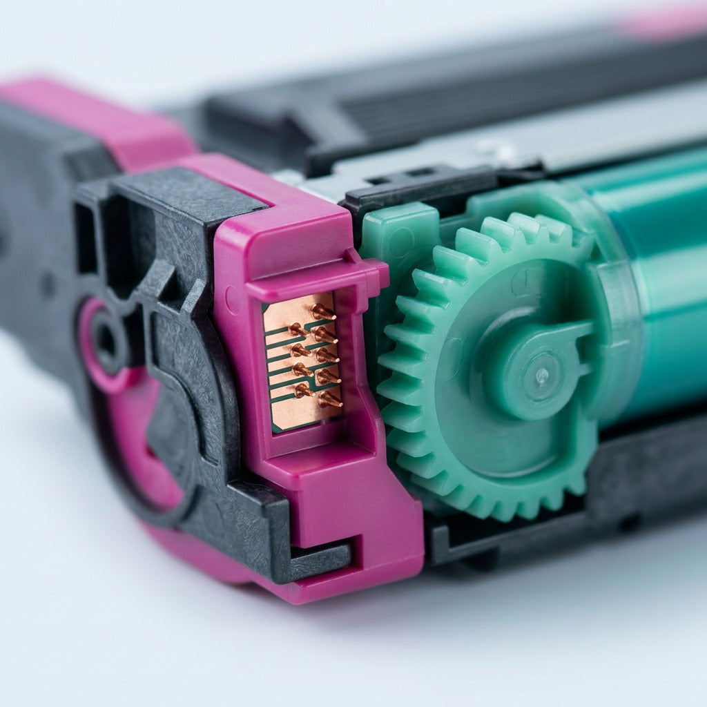 Macro close-up of HP 508A magenta toner cartridge copper contacts and green mechanical drive gear.