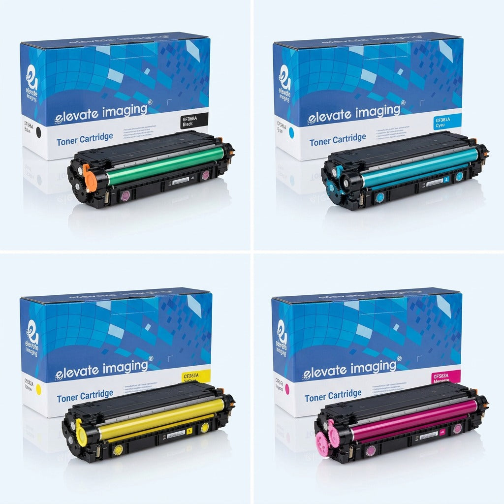 Four Elevate Imaging HP 508A remanufactured toner cartridges in black, cyan, yellow, and magenta.