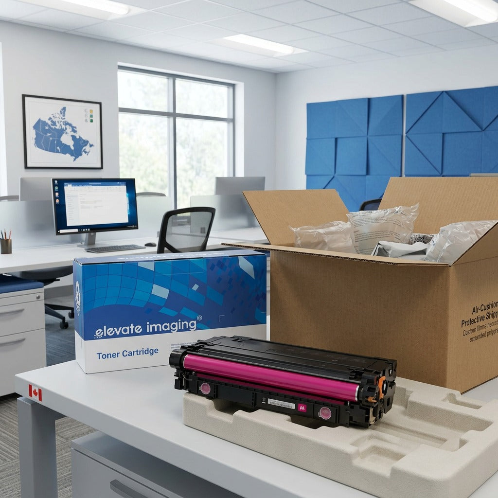 Elevate Imaging HP 508A Magenta toner cartridge on protective tray by open secure shipping box.