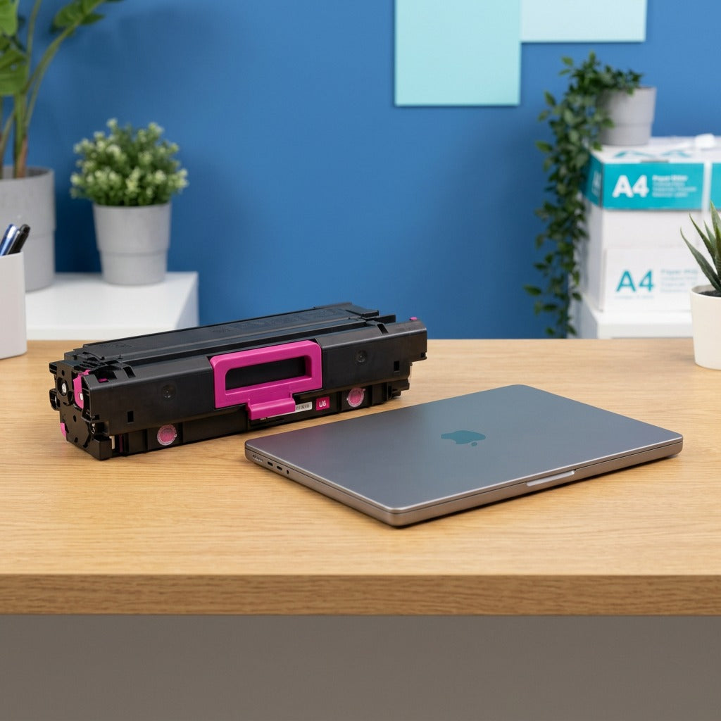 A magenta HP 508X (CF363X) remanufactured toner cartridge on a desk next to a laptop for scale.