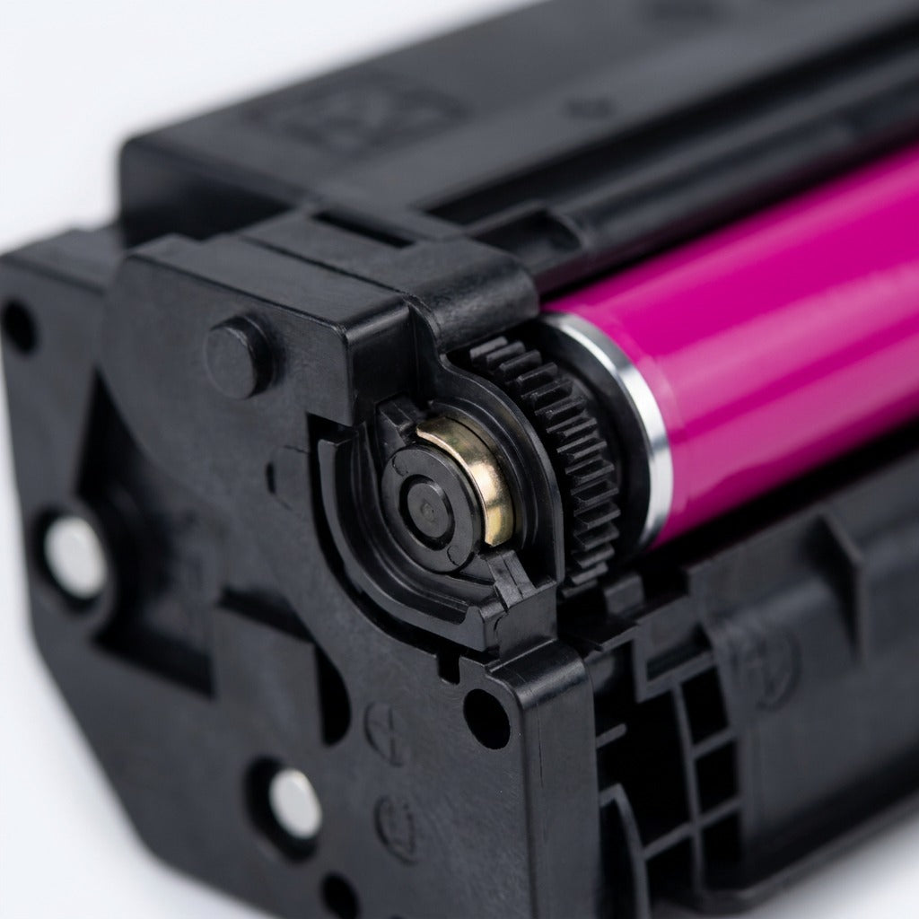 Macro detail of the magenta roller and drive gear on an HP 508X (CF363X) remanufactured toner.