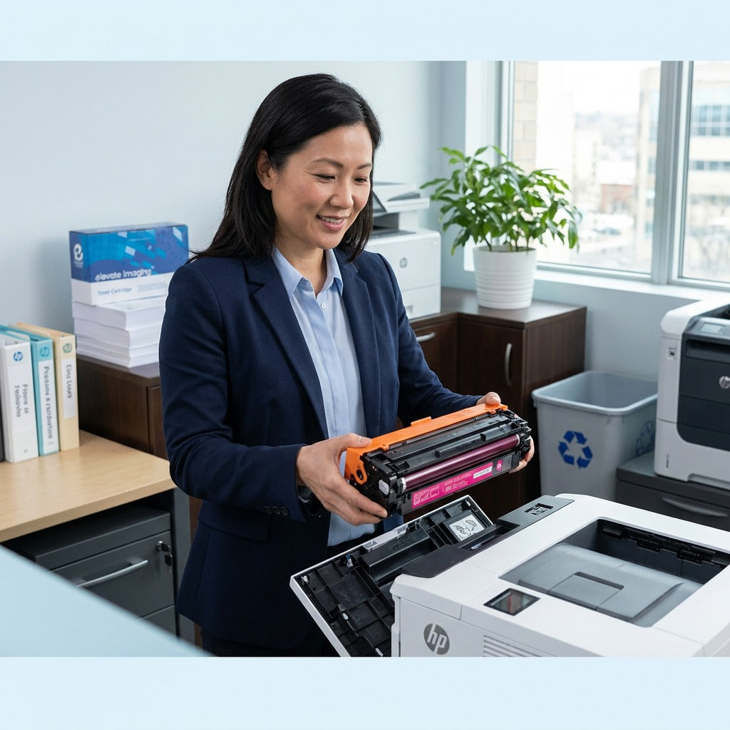 Woman installing an Elevate Imaging HP 508X (CF363X) high yield magenta toner into a laser printer.