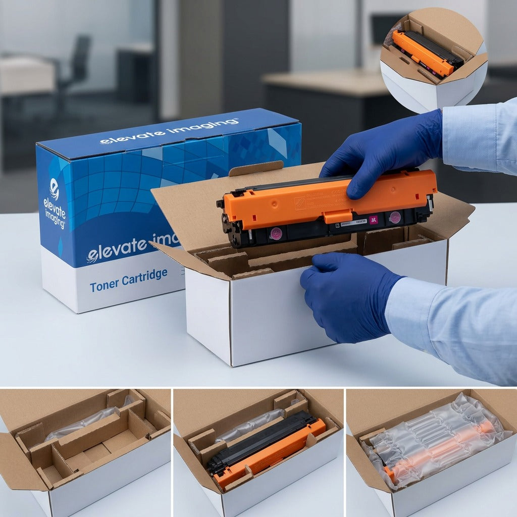 Unboxing of the Elevate Imaging Magenta HP 508X toner cartridge showing secure protective packaging.