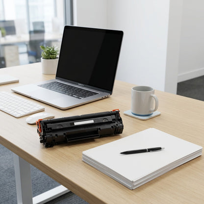 A black HP 312A (CF380A) toner cartridge on a desk next to a laptop and A4 paper for scale.