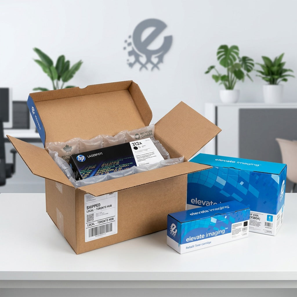 Unboxing an HP 312A Black Toner Cartridge from Elevate Imaging in a secure shipping box.