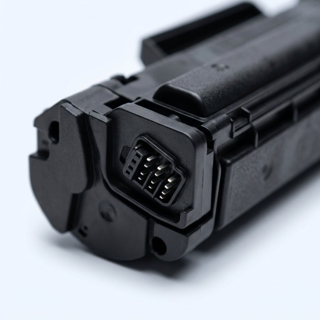 Macro detail of the electrical contact point on an HP 312A (CF380A) black toner cartridge.