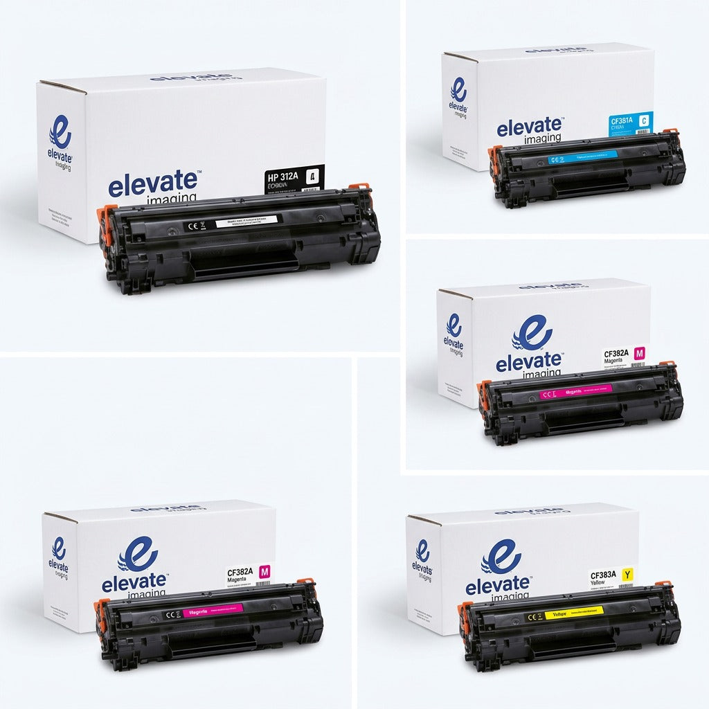 Grid of Elevate Imaging HP 312A remanufactured toner cartridges in black, cyan, magenta, and yellow.