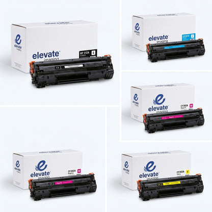 Grid of Elevate Imaging HP 312A remanufactured toner cartridges in black, cyan, magenta, and yellow.