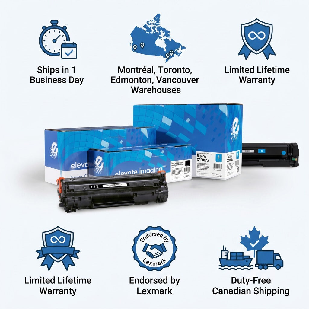 HP 312A Black Toner Cartridge and Elevate Imaging boxes with icons for fast Canadian shipping.
