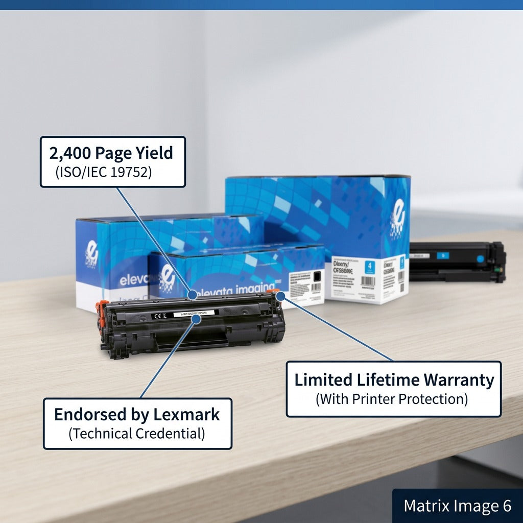 HP 312A Black Toner Cartridge featuring 2,400 page yield, Lexmark endorsement, and lifetime warranty.