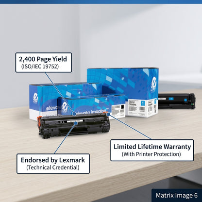 HP 312A Black Toner Cartridge featuring 2,400 page yield, Lexmark endorsement, and lifetime warranty.