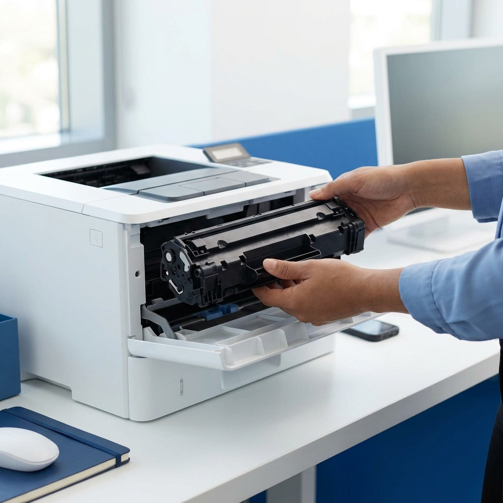A person installs a black HP 312A (CF380A) toner cartridge into a white laser printer in an office.