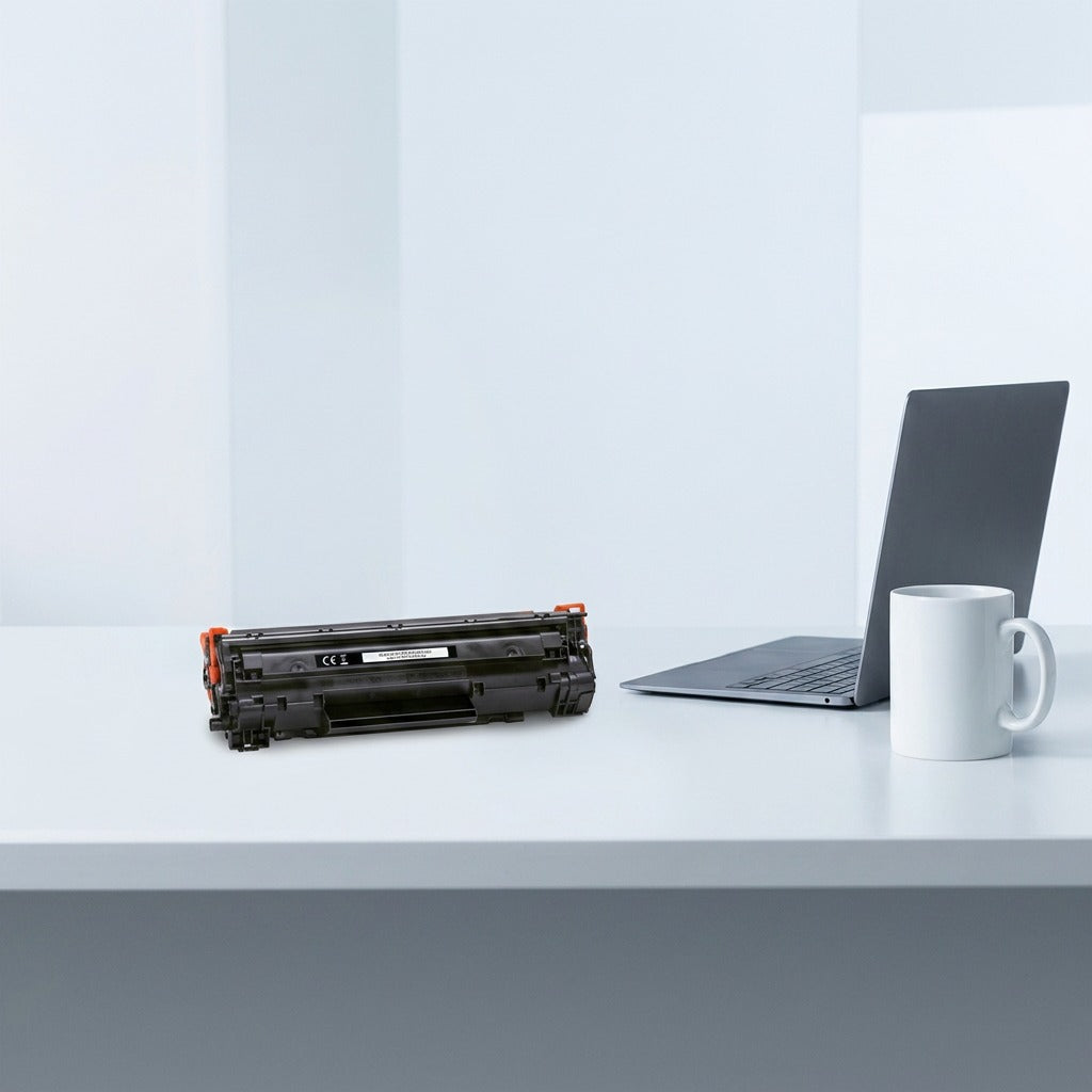 Elevate Imaging cyan HP 312A toner cartridge on a desk next to a laptop and coffee mug for scale.